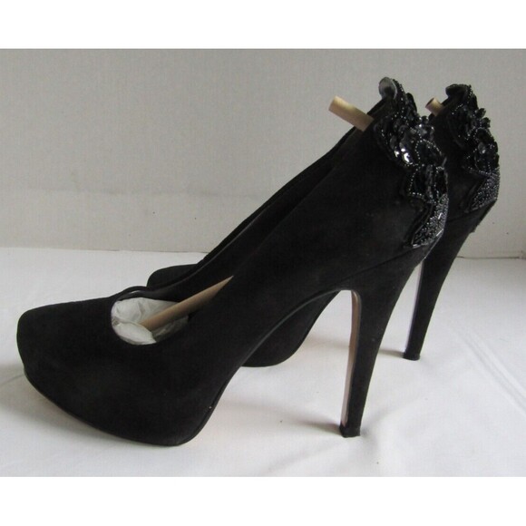 Nine West Black Suede Heels Beaded With Box Womens Size 6 - Picture 7 of 11